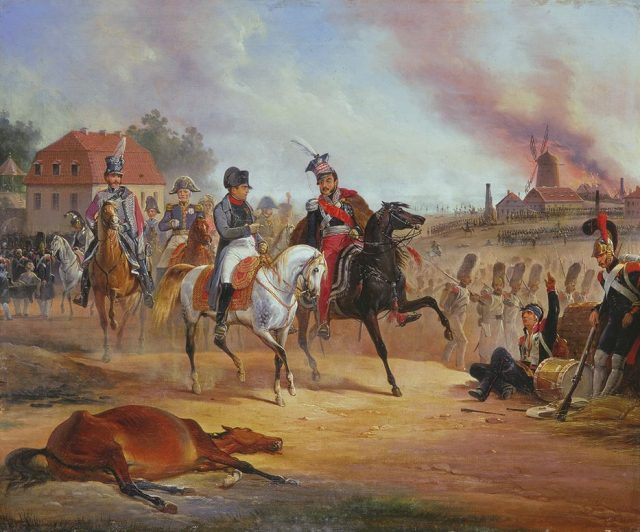 Napoleon i Józef Poniatowski w bitwie pod Lipskiem;
