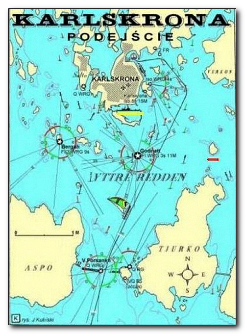 Podejście Karlskrony. Czerwoną kreską na mapie zaznaczono miejsce, gdzie radziecki okręt podwodny o numerze 137 utknął na 10 dn