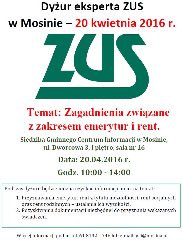 Dyżur eksperta ZUS w Mosinie plakat 20.04