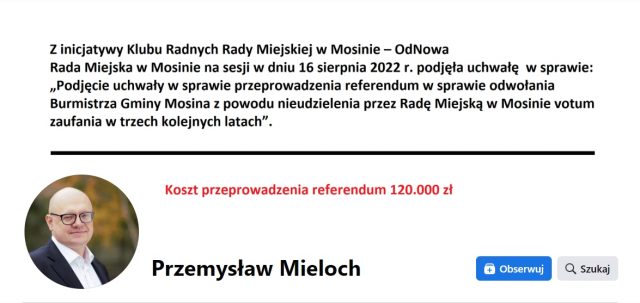 Zdjęcie z osobistego konta burmistrza Przemysława Mielocha na portalu Facebook.