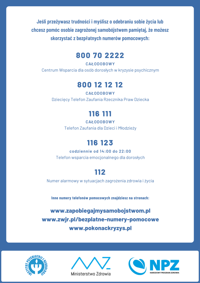 Ważne numery telefonów dla osób w kryzysie emocjonalnym (pomoc dla osób zagrożonych samobójstwom)