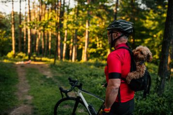 Mężczyzna w kasku i z psem w plecaku w trakcie przerwy w lesie podczas wyprawy rowerem górskim