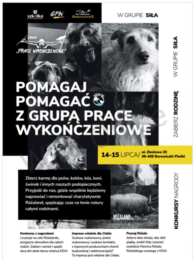 Różaland - plakat promujący zbiórkę i prace remontowe w schronisku.