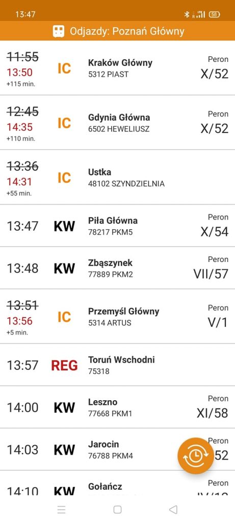 Opóźnione pociągi Intercity z Poznania Głównego w kierunku Krakowa;