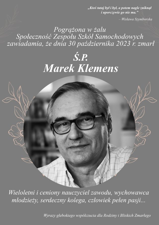 Informacja o śmierci Marka Klemensa na stronie poznańskiej "Samochodówki". 