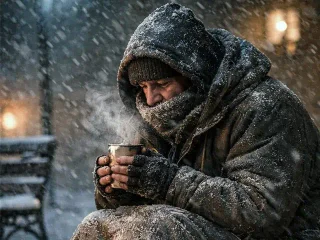 Osoba bezdomna w czasie mrozu