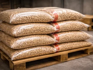 Worki pelletu na palecie - paliwo typu pellet