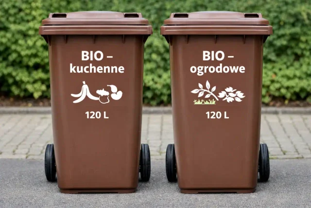 Dwa brązowe pojemniki o pojemności 120 litrów na bioodpady: osobno „BIO – kuchenne” i „BIO – ogrodowe”, zgodnie z nowymi zasadami obowiązującymi od 2026 roku
