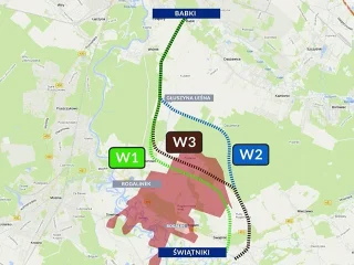 Warianty przebiegu planowanej drogi powiatowej Babki–Świątniki. Dwa z nich prowadzą przez obszar Majątku Rogalin