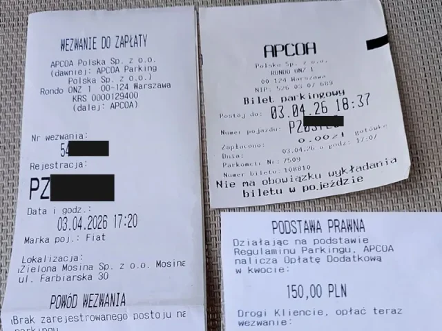 Wezwania do zapłaty wystawione na parkingu przy ul. Farbiarskiej w Mosinie