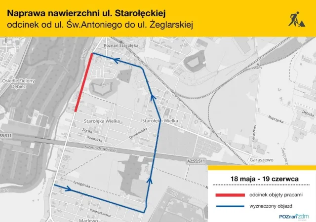 Mapka objazdów i tymczasowej organizacji ruchu podczas remontu ul. Starołęckiej