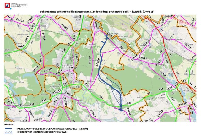 Orientacyjna lokalizacja planowanej drogi powiatowej Babki–Świątniki (DW431). Niebieską linią zaznaczono preferowany przebieg trasy o długości około 11–12 km.