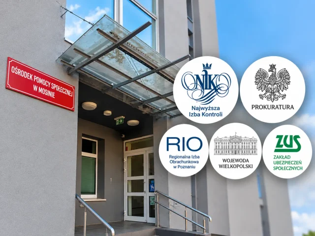 Budynek Ośrodka Pomocy Społecznej w Mosinie i oznaczenia instytucji, do których przekazano dokumentację pokontrolną: NIK, prokuratury, RIO, wojewody i ZUS.
