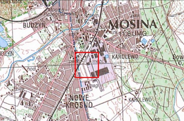 Lokalizacja planowanej rozbudowy PSZOK w Mosinie – działka nr 2130/16, w rejonie dworca kolejowego i Zakładu Usług Komunalnych.