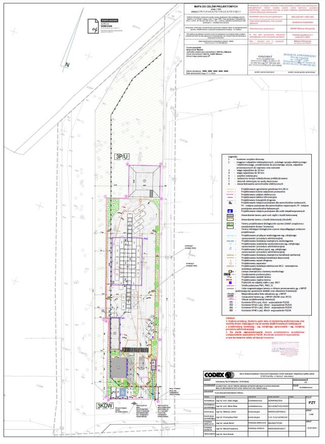 Plan zagospodarowania terenu pod rozbudowę PSZOK w Mosinie. Projekt przewiduje między innymi budynek administracyjno-socjalny, zadaszoną rampę rozładunkową, miejsca na kontenery, wagę samochodową oraz zbiornik retencyjny